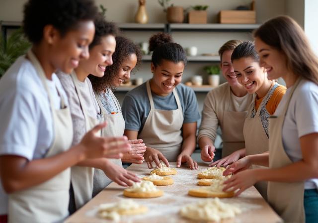 Groupe de personnes souriantes lors d'un atelier de pâtisserie à Paris