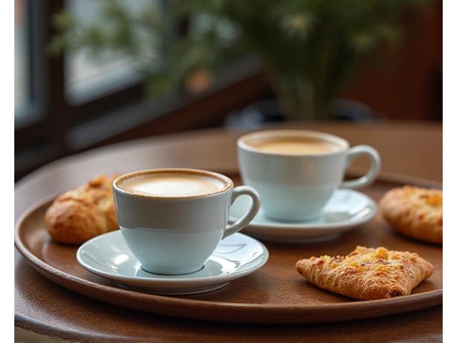 Tasses de café et de thé, accompagnées de douceurs