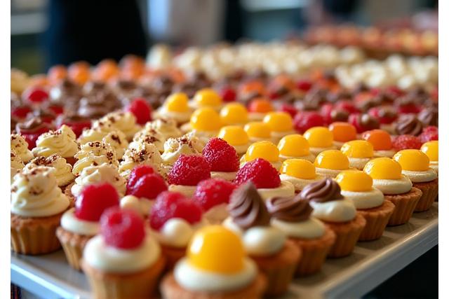 Buffet varié de petites pâtisseries individuelles, tartes et éclairs
