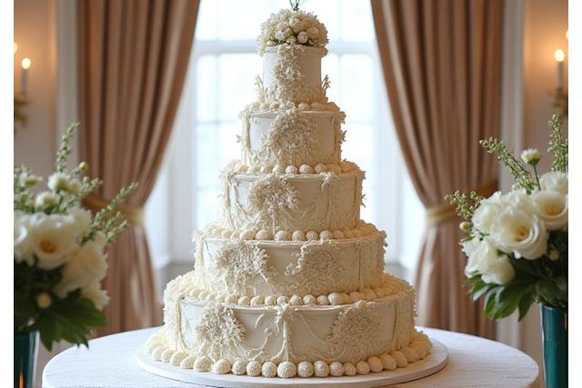 Magnifique gâteau de mariage à plusieurs étages décoré de fleurs fraîches