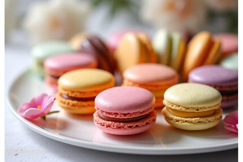 Assortiment élégant de macarons colorés et pâtisseries sur une table de buffet traiteur